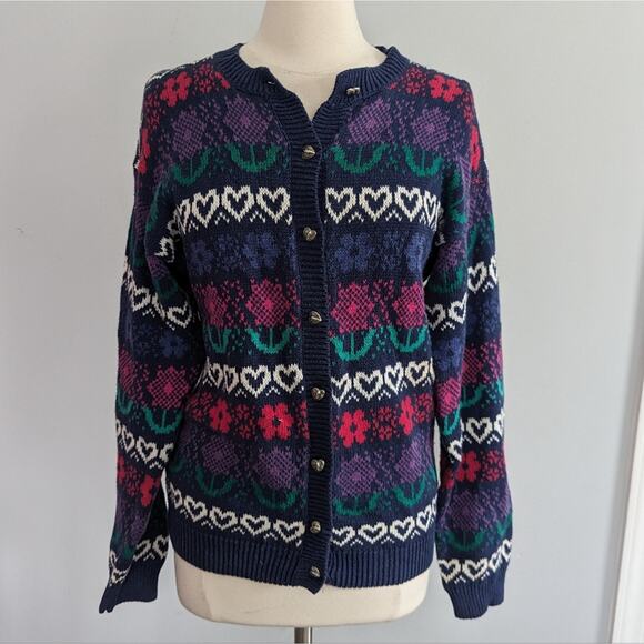 Vintage Sweaters - Vintage Women's Heart Cardigan and Heart Buttons Small Oversized 1980s